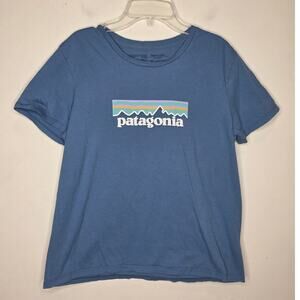 Patagonia blue cotton spellout logo short sleeve shirt - small